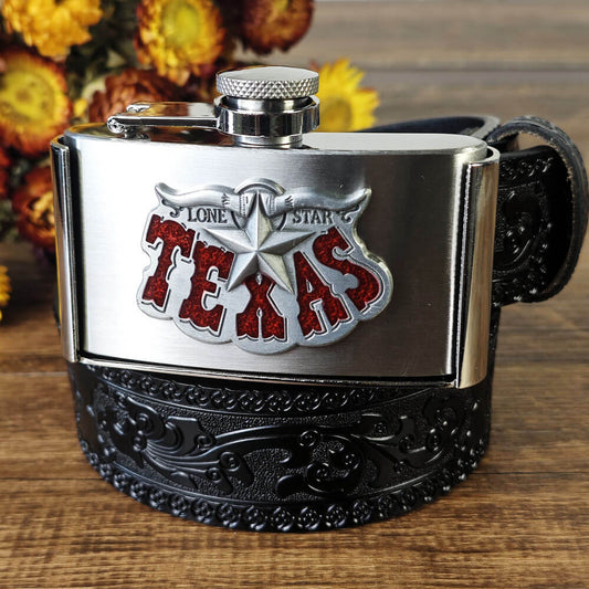 Texas Lone Star Flask Belt – Genuine Leather Western Belt