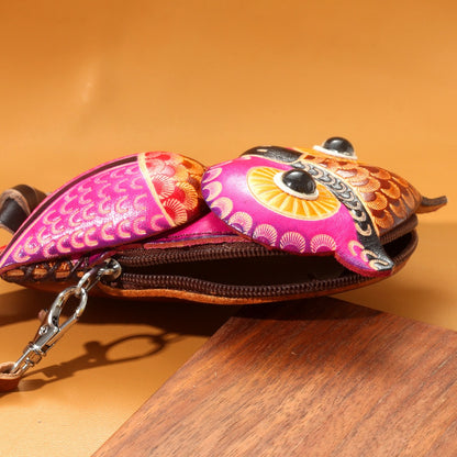 Handmade Leather Vibrant Magenta 3D Owl Coin Purse & Wristlet Pouch