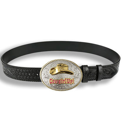 Two-Tone "Cowgirl Up" Cowboy Hat Western Black Embossed Leather Belt