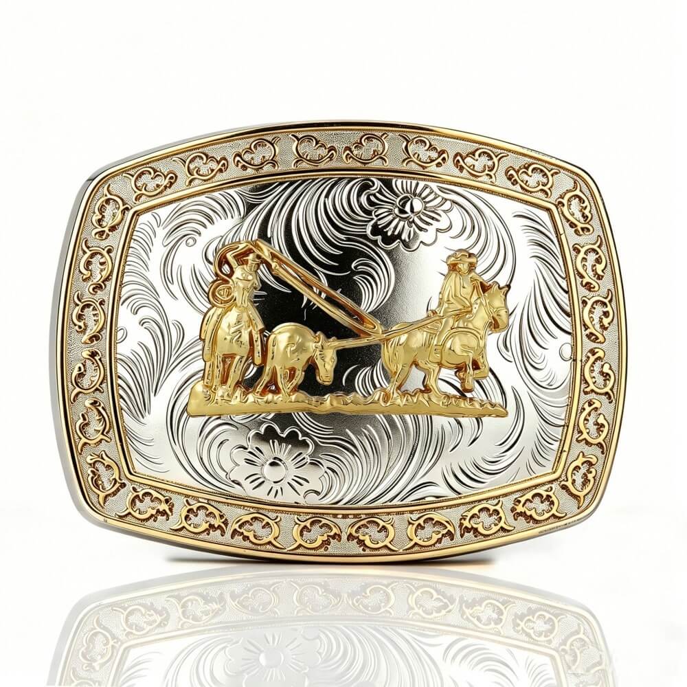 Two-Tone Golden Horse Western Floral Belt Buckle