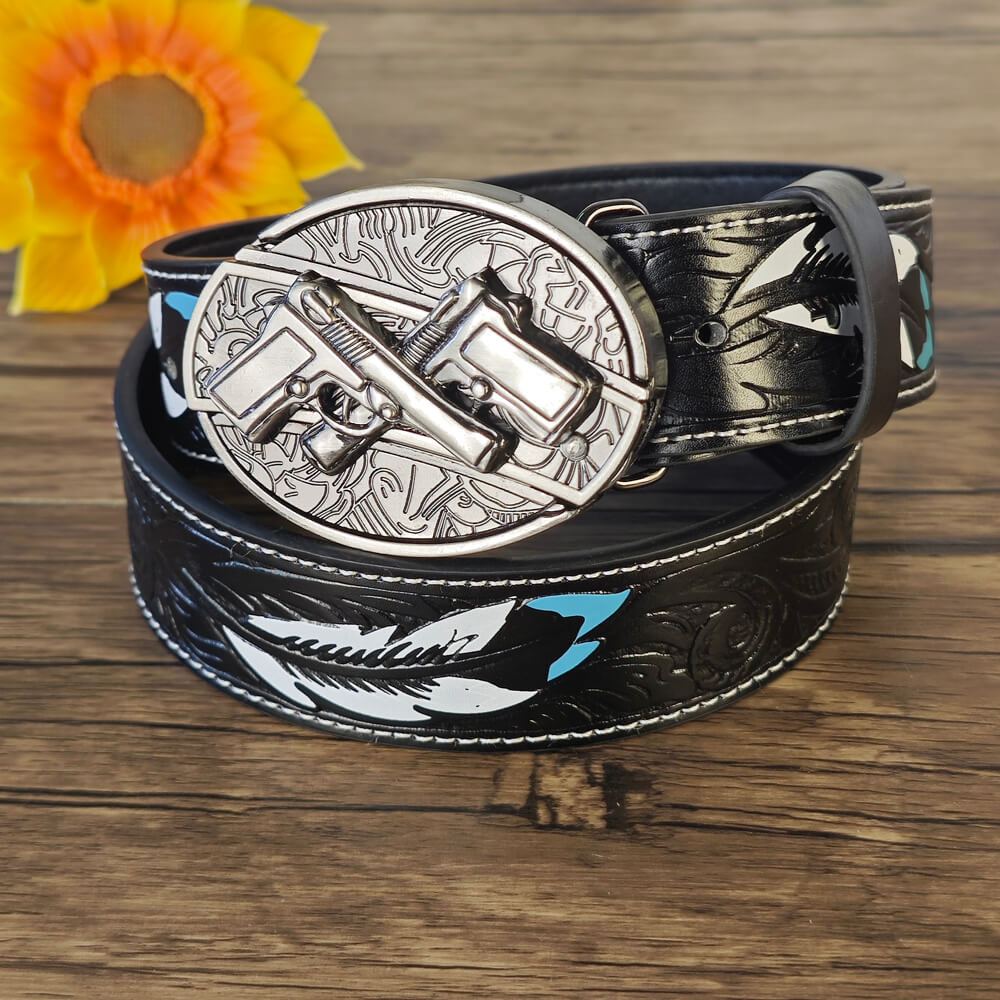 Feather Embossed Black Leather Belt