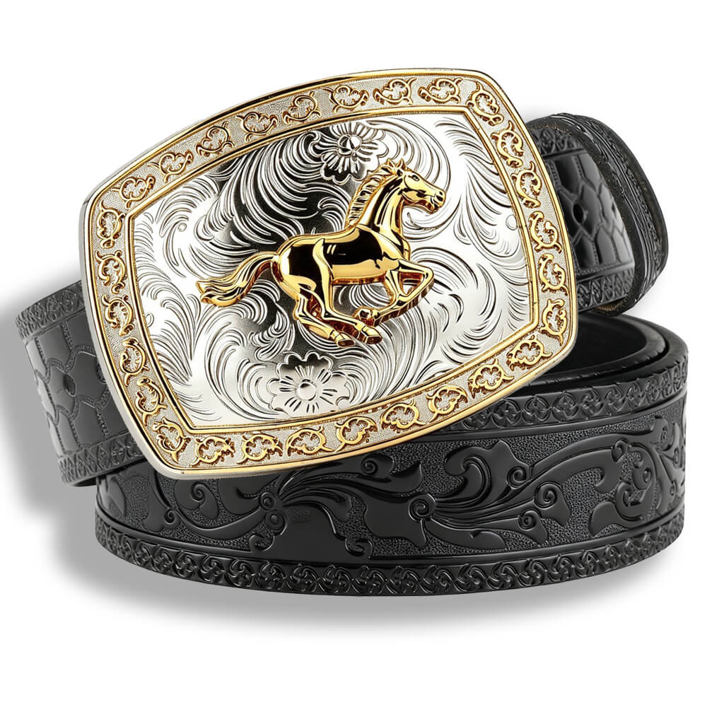 Two-Tone Galloping Horse Western Leather Belt