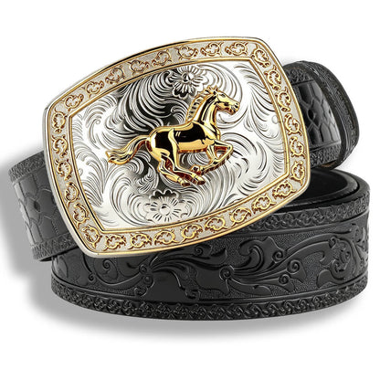 Two-Tone Galloping Horse Western Leather Belt
