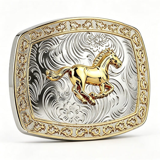 Two-Tone Golden Horse Western Floral Belt Buckle