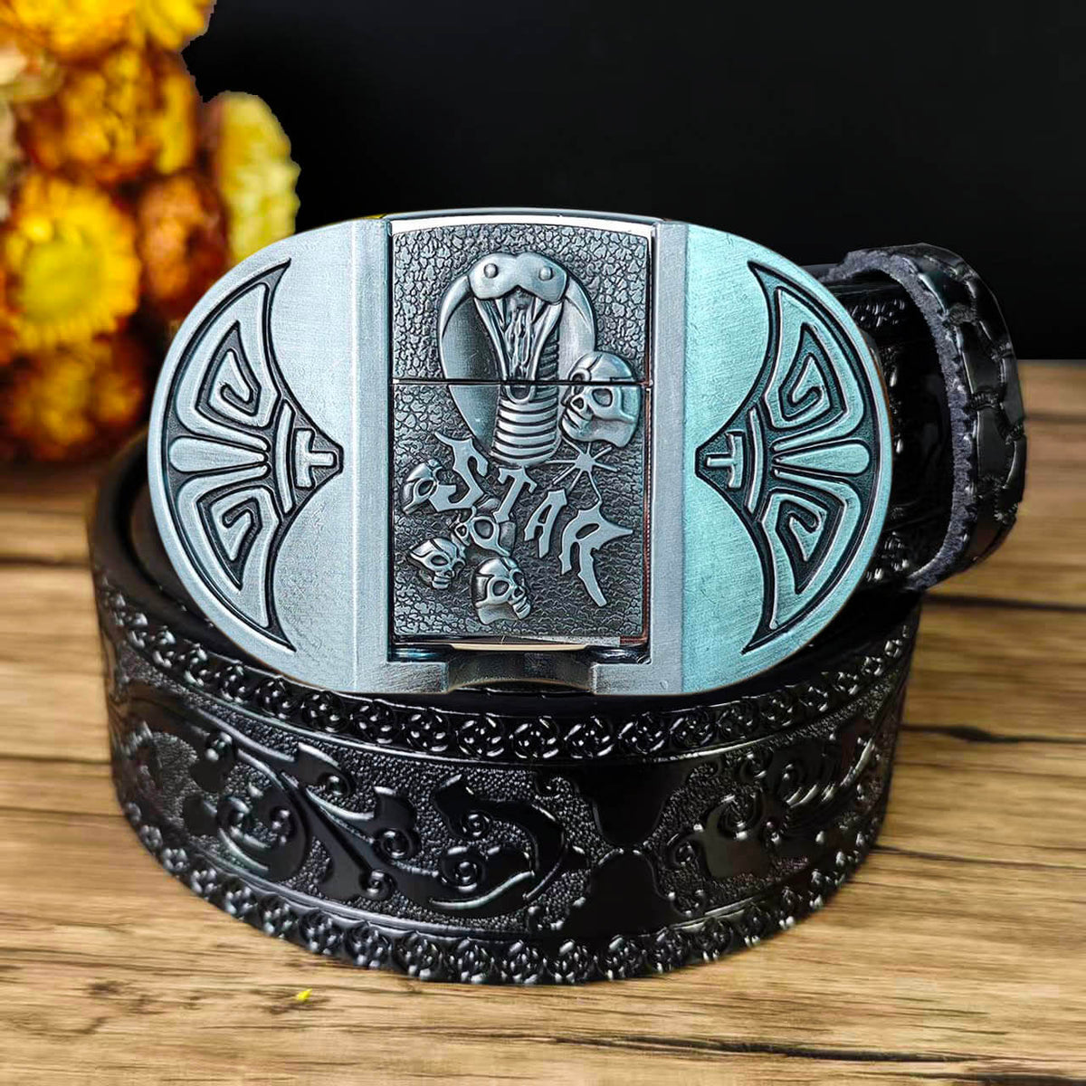 Western Embossed Leather Belt & Lighter Buckle