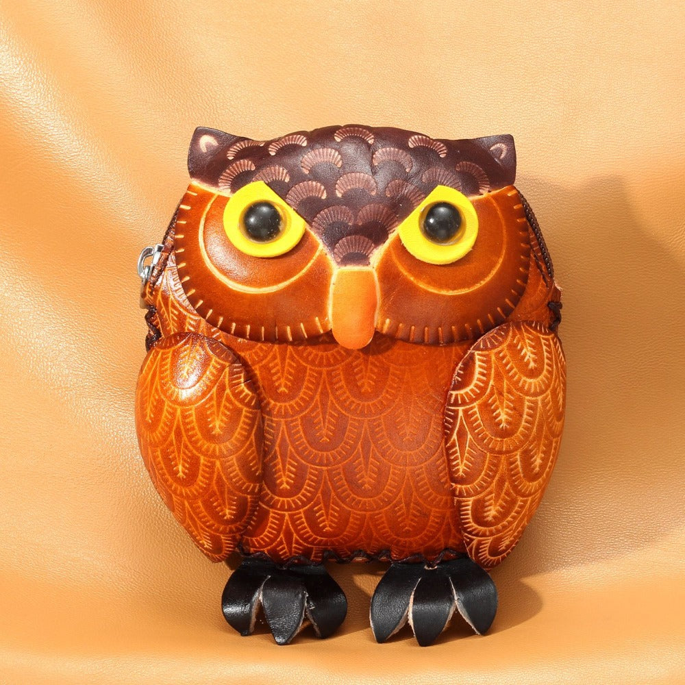 Handmade Leather 3D Owl Coin Purse & Wristlet Pouch