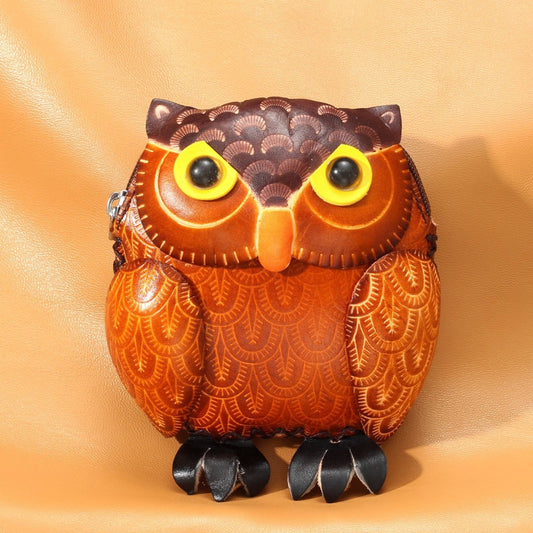 Handmade Leather 3D Owl Coin Purse & Wristlet Pouch