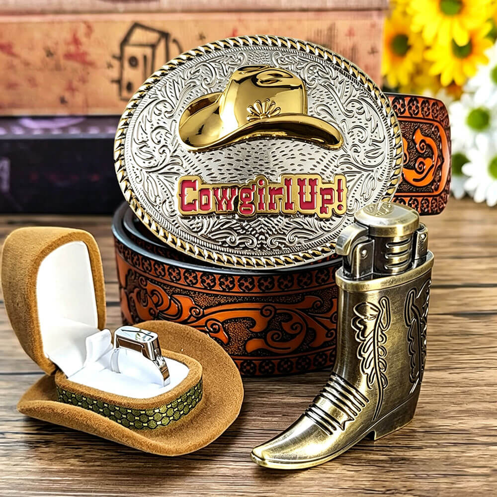 Western Cowboy Hat Belt Buckle, Boot Lighter & EDC Utility Ring Set