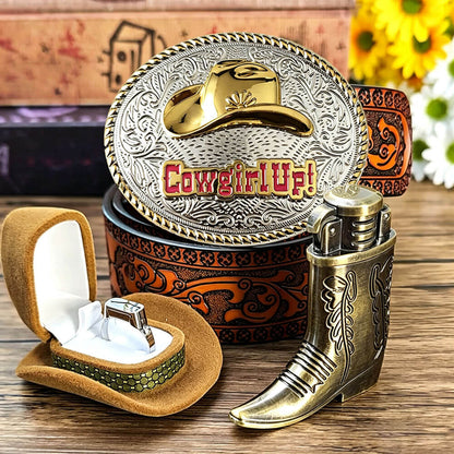 Western Cowboy Hat Belt Buckle, Boot Lighter & EDC Utility Ring Set