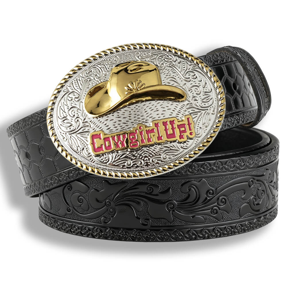 Two-Tone "Cowgirl Up" Cowboy Hat Western Black Embossed Leather Belt
