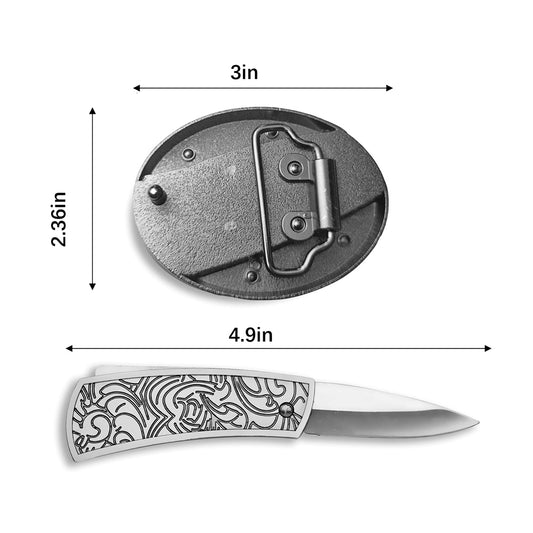 Western Embossed Leather Belt with Hidden Knife Buckle