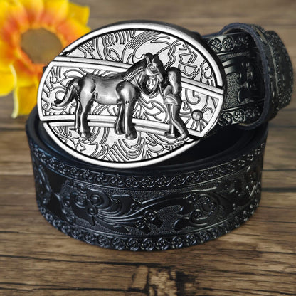 Hidden Utility Belt Buckle – Black Embossed Leather Western Cowboy Belt