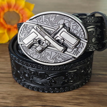 Black Embossed Leather Belt With Belt Buckle