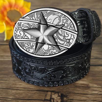Hidden Utility Belt Buckle – Black Embossed Leather Western Cowboy Belt