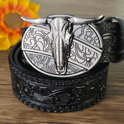 Black Embossed Leather Belt With Belt Buckle