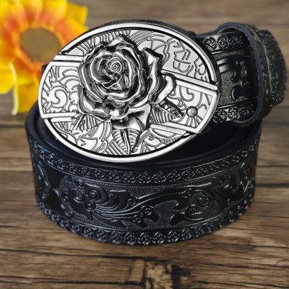 Hidden Utility Belt Buckle – Black Embossed Leather Western Cowboy Belt