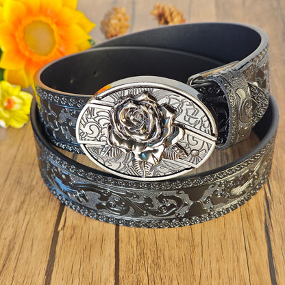 Black Embossed Leather Belt With Belt Buckle
