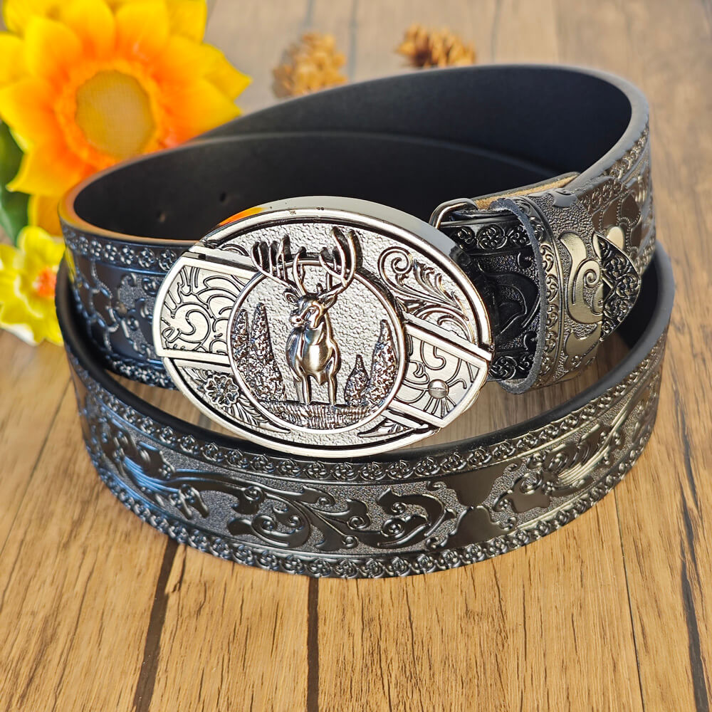 Black Embossed Leather Belt With Belt Buckle