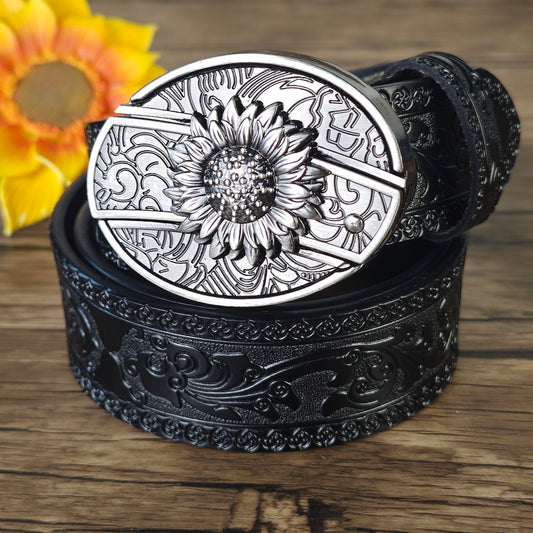 Black Embossed Leather Belt With Belt Buckle