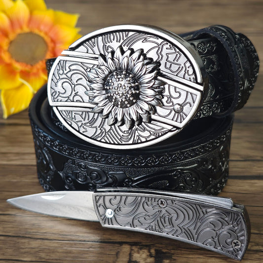 Black Embossed Leather Belt With Belt Buckle