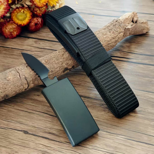 Black tactical braided belt with hidden buckle tool, one size fits most