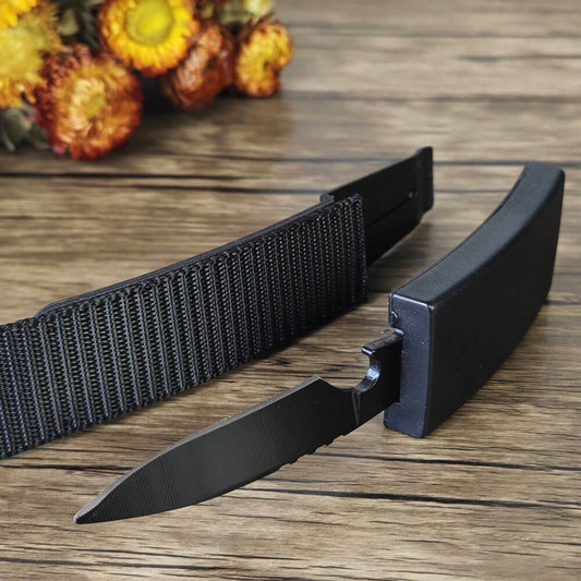Black tactical braided belt with hidden buckle tool, one size fits most