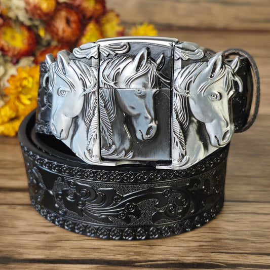 Black Western Embossed Belt with Horse head Lighter Buckle