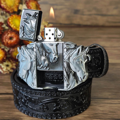 Black Western Embossed Belt with Horse head Lighter Buckle