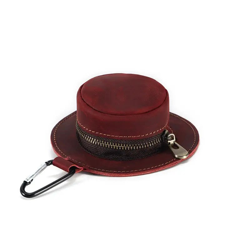 A Claret leather cowboy hat-shaped coin pouch for belt, perfect for western-style outfits.
