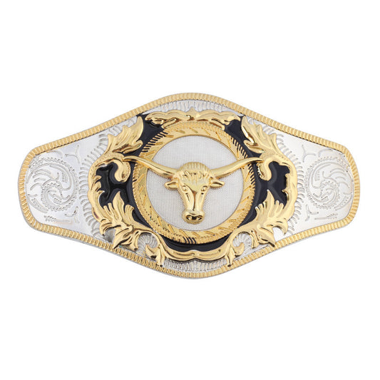 Western cowboy champion belt buckle with a bold bull head design in the center