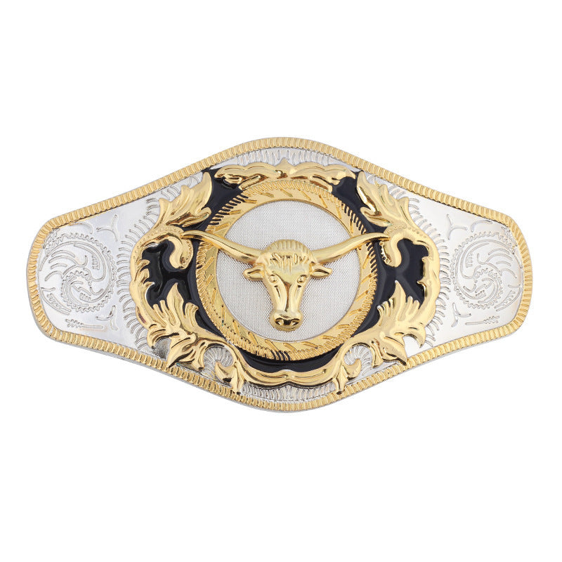 Western cowboy champion belt buckle with a bold bull head design in the center