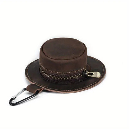 A Dark Brown leather cowboy hat-shaped coin pouch for belt, perfect for western-style outfits.
