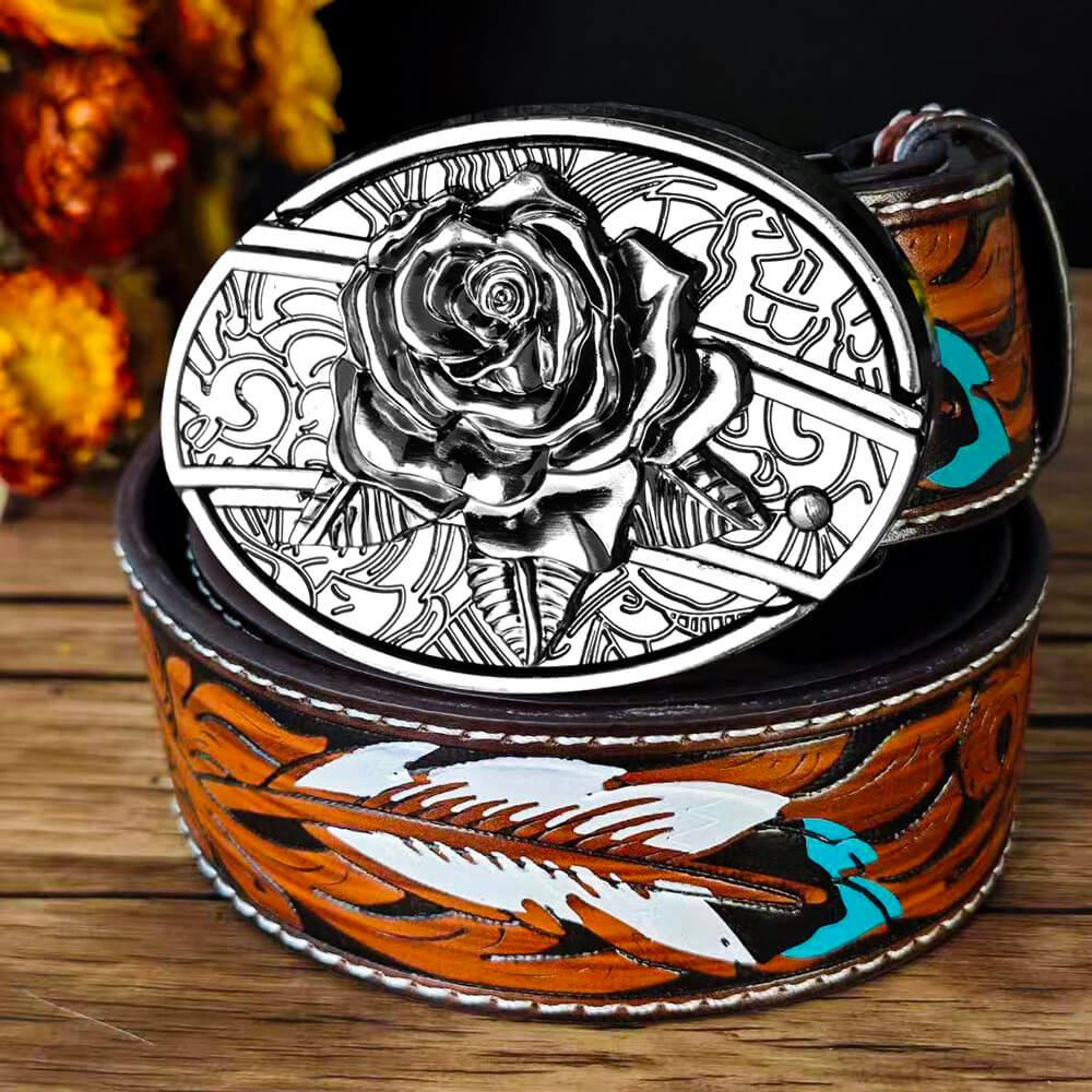 Feather Embossed Black Leather Belt
