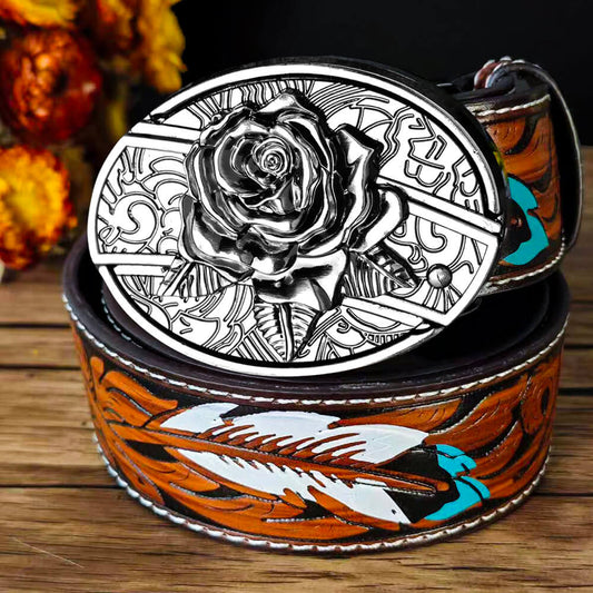 Feather Embossed Black Leather Belt