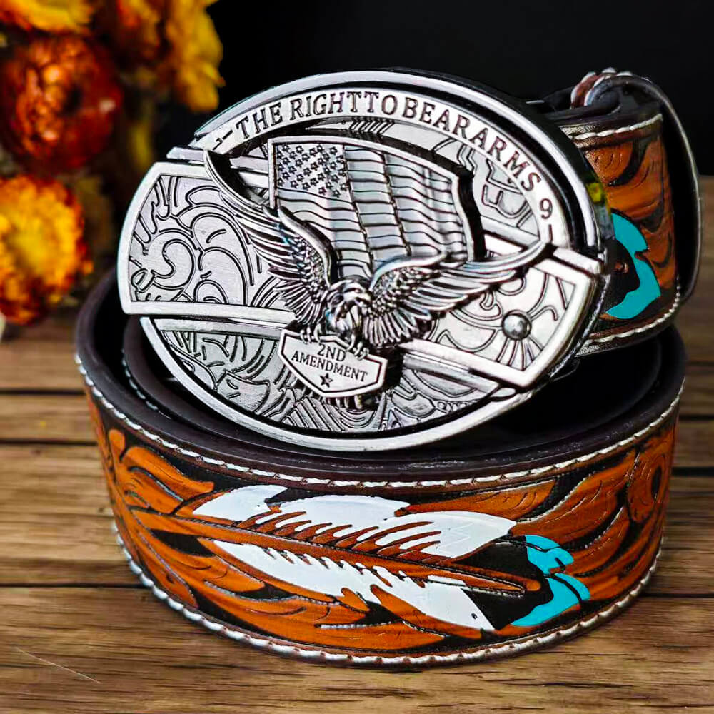 Feather Embossed Black Leather Belt