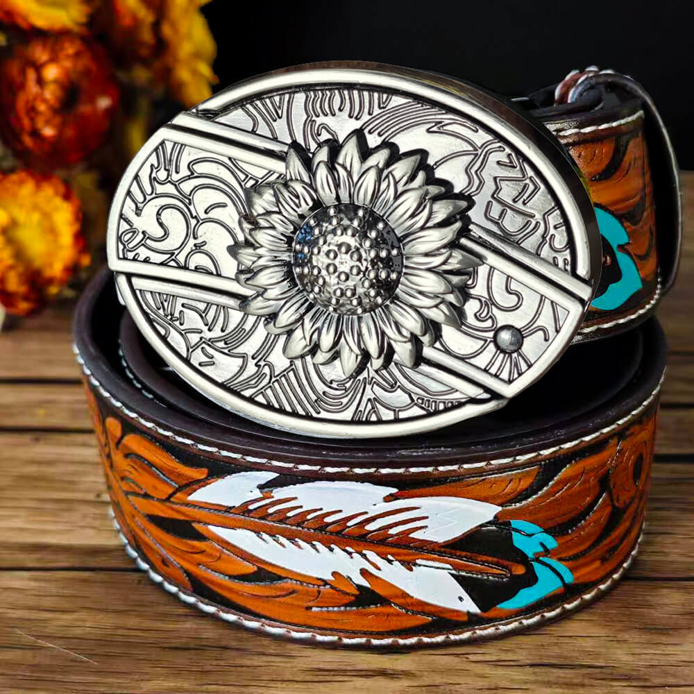 Feather Embossed Black Leather Belt