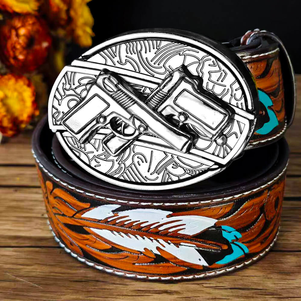 Feather Embossed Black Leather Belt