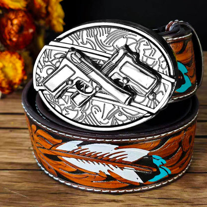 Feather Embossed Black Leather Belt