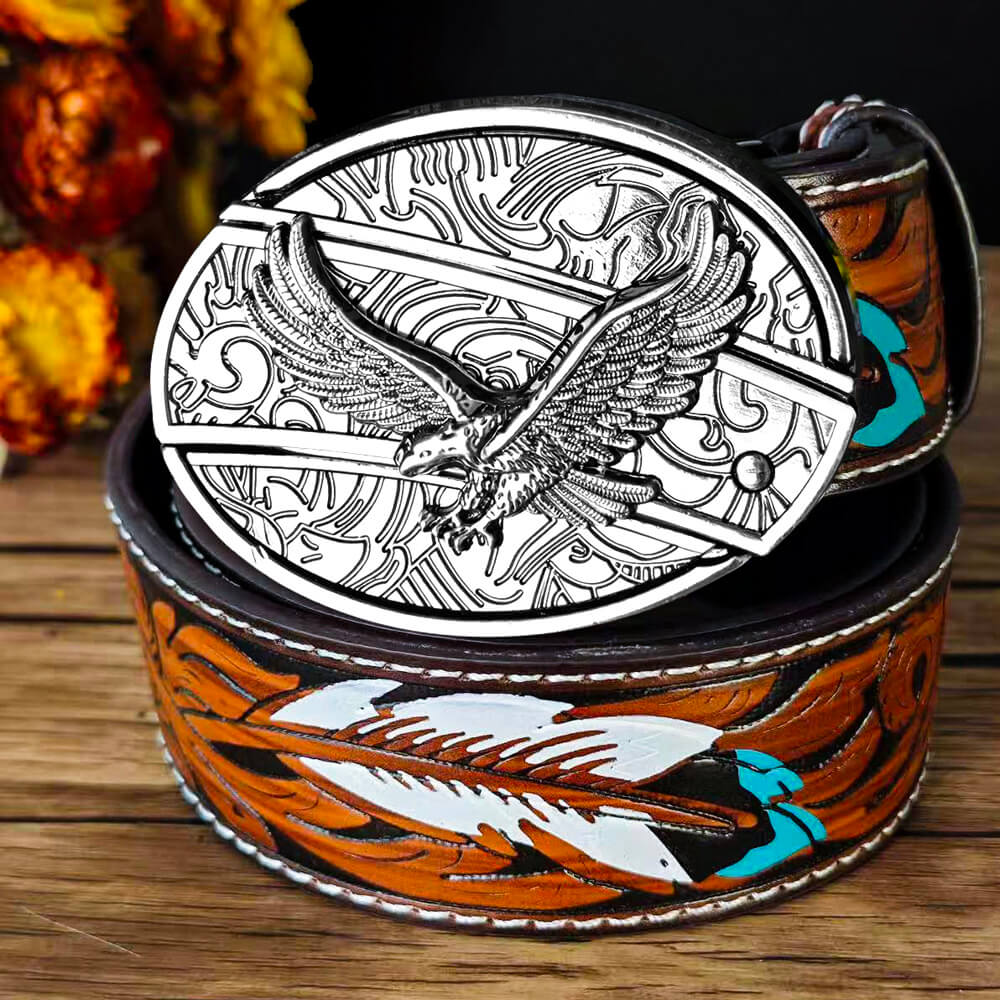 Feather Embossed Black Leather Belt