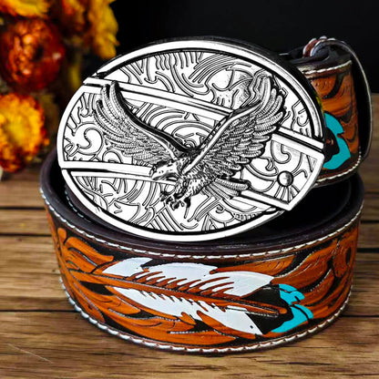 Feather Embossed Black Leather Belt