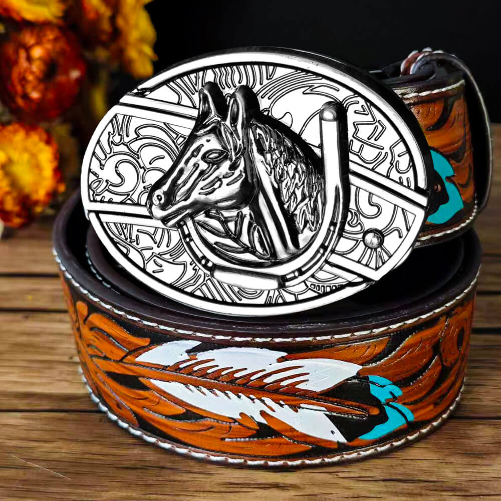 Feather Embossed Black Leather Belt