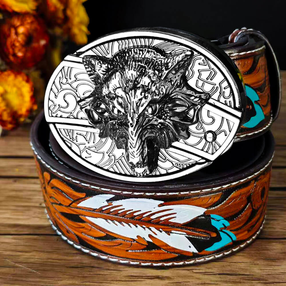 Feather Embossed Black Leather Belt