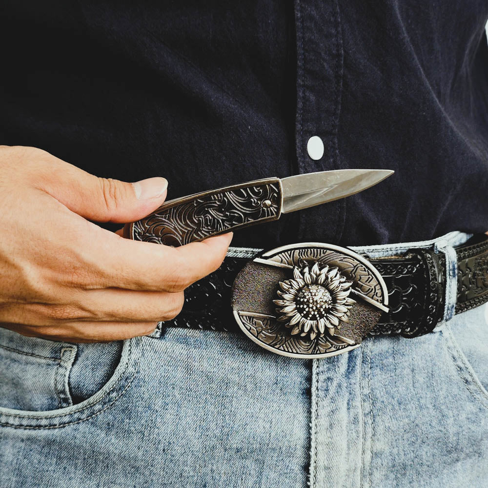 Black Embossed Leather Belt With Belt Buckle