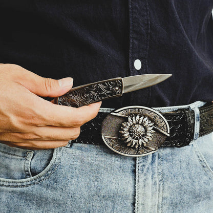 Black Embossed Leather Belt With Belt Buckle