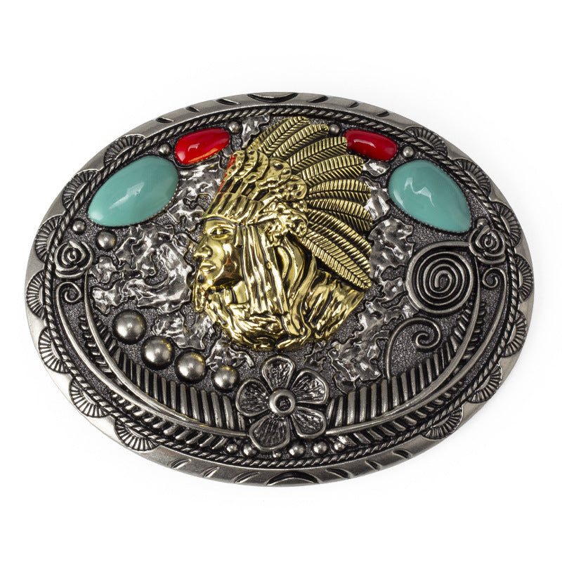 Vintage Native American Chief Belt Buckle with Turquoise