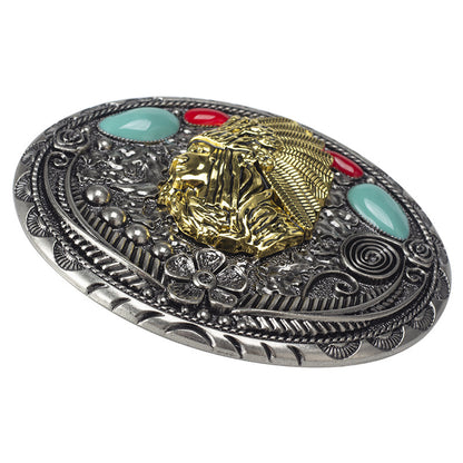 Vintage Native American Chief Belt Buckle with Turquoise