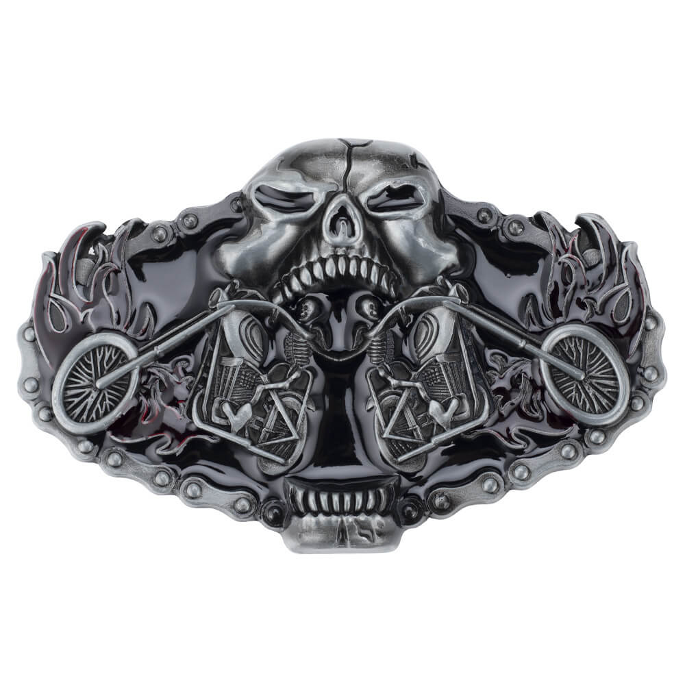 Biker Motorcycle Rider Belt Buckle - Flaming Chopper with Chain Border