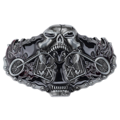 Biker Motorcycle Rider Belt Buckle - Flaming Chopper with Chain Border