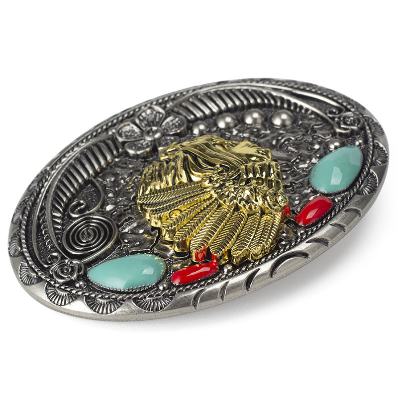 Vintage Native American Chief Belt Buckle with Turquoise