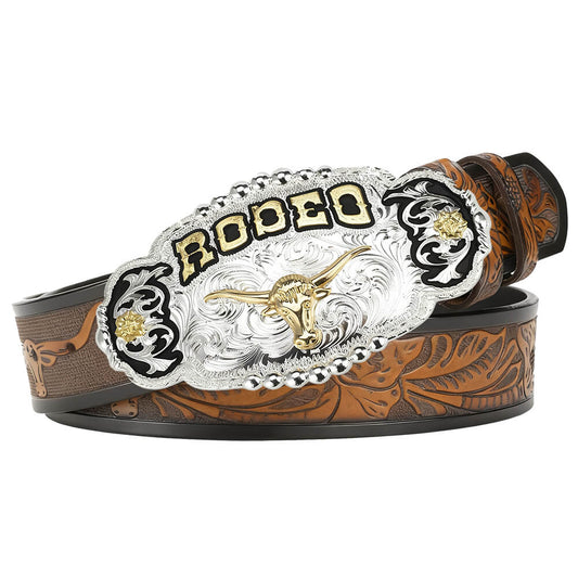 Rodeo Champion Bull Rider Belt Buckle with Cowboy Leather Belt